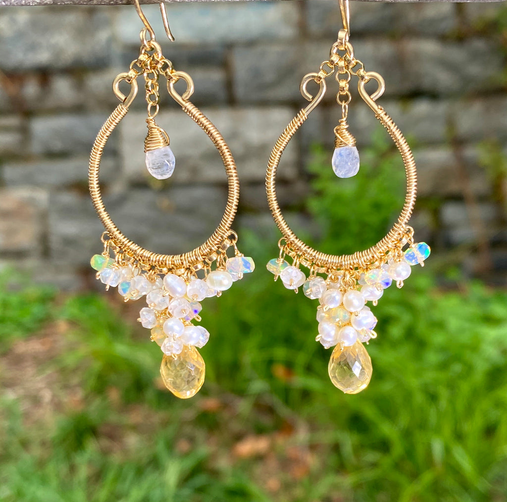 Citrine Gold Fill Hoops with Opal Pearl Moonstone Clusters