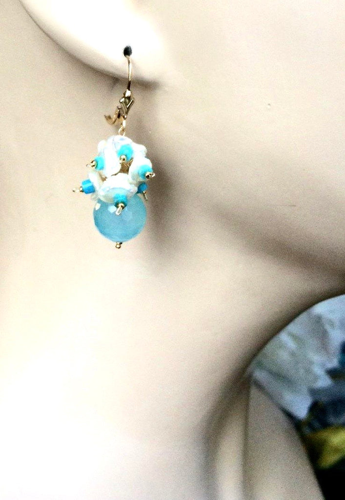 Blue, Turquoise and Keishi Pearl Cluster Earrings - doolittlejewelry