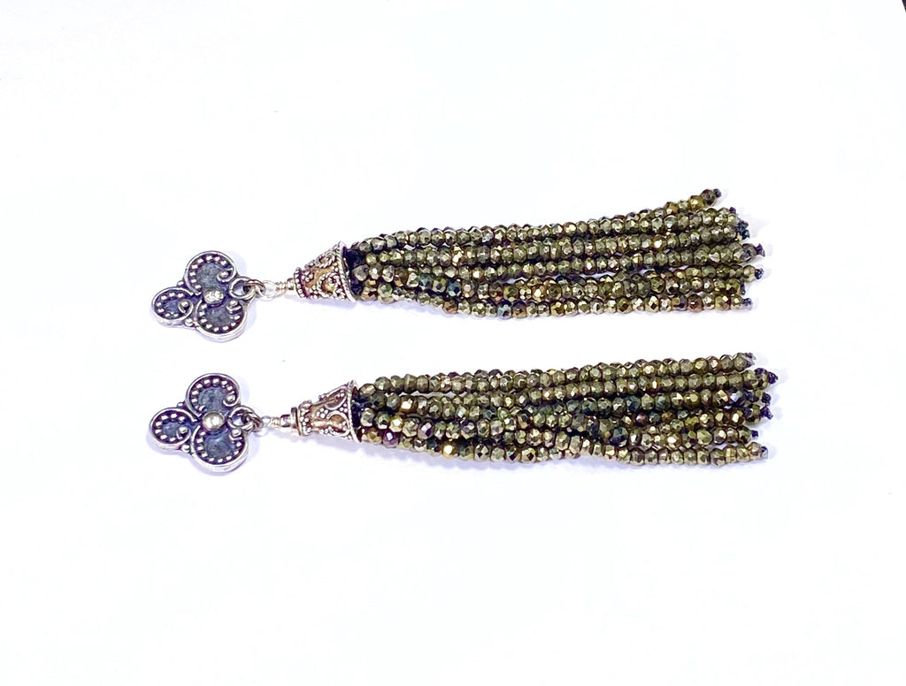 Pyrite Tassel Earrings Gold Mystic Spinel Sterling Silver