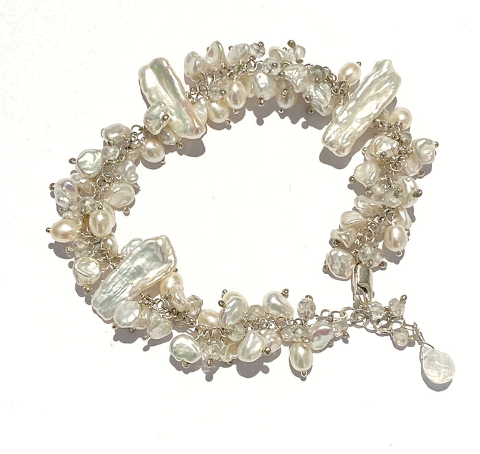Keishi Pearl Bridal Bracelet Sterling Silver Mystic Crystal Pearl Cluster