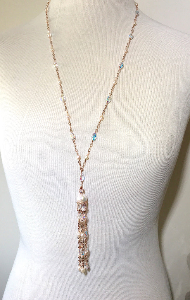 Rose Gold, Pearl and Swarovski Crystal Tassel Necklace - doolittlejewelry
