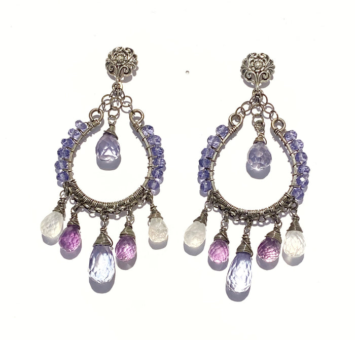 Moonstone, Amethyst, Blue Violet Hoop Earrings Oxidized Silver