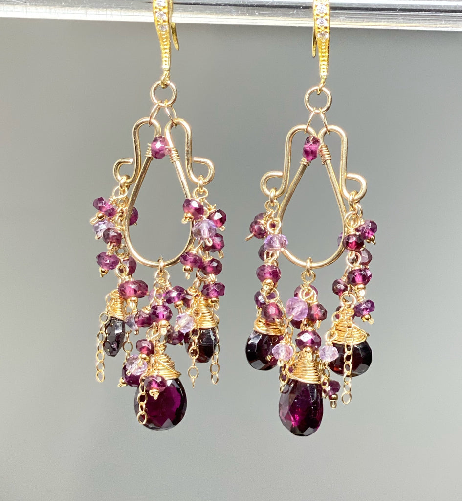 Rhodolite Garnet Boho Chandelier Earrings Gold Fill