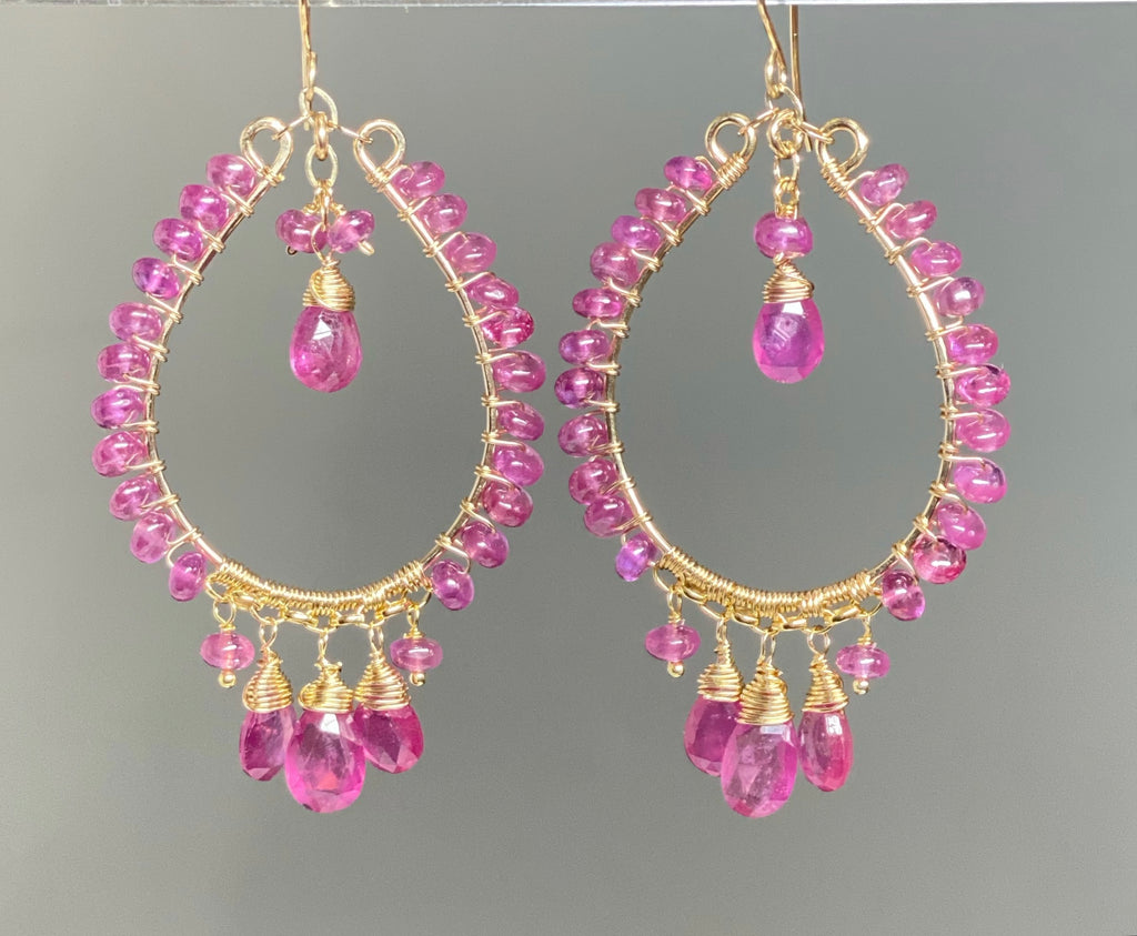Pink Sapphire Chandelier Hoop Earrings Gold Fill