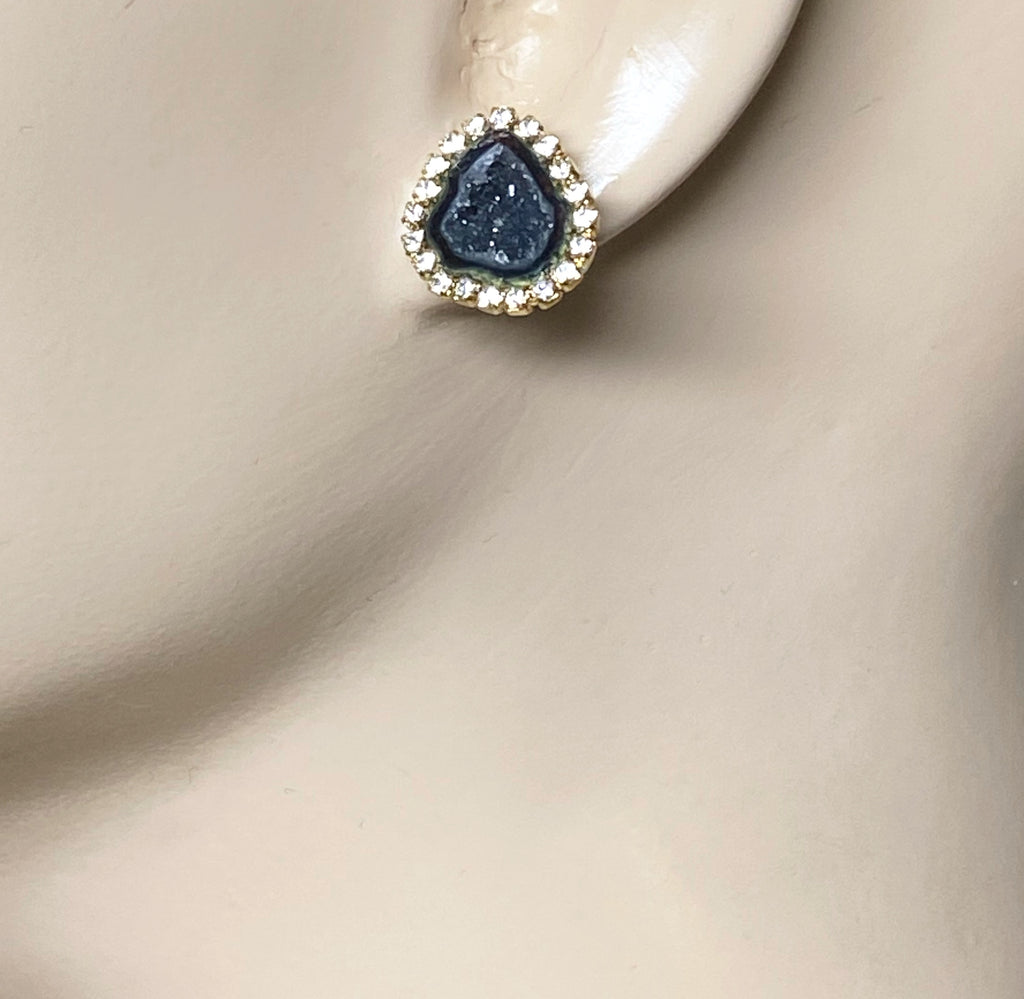 Black Geode Druzy Stud Earrings Diamond Look