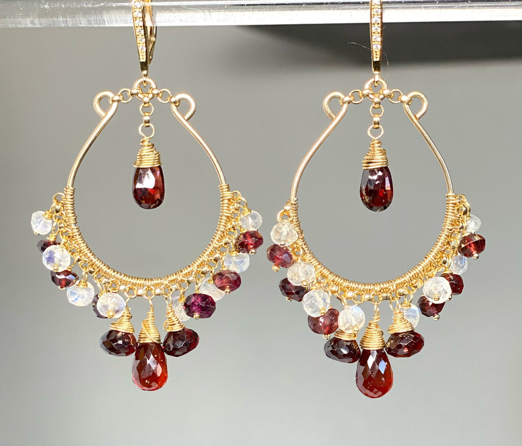 Red Garnet Gold Hoop Earrings Rainbow Moonstone