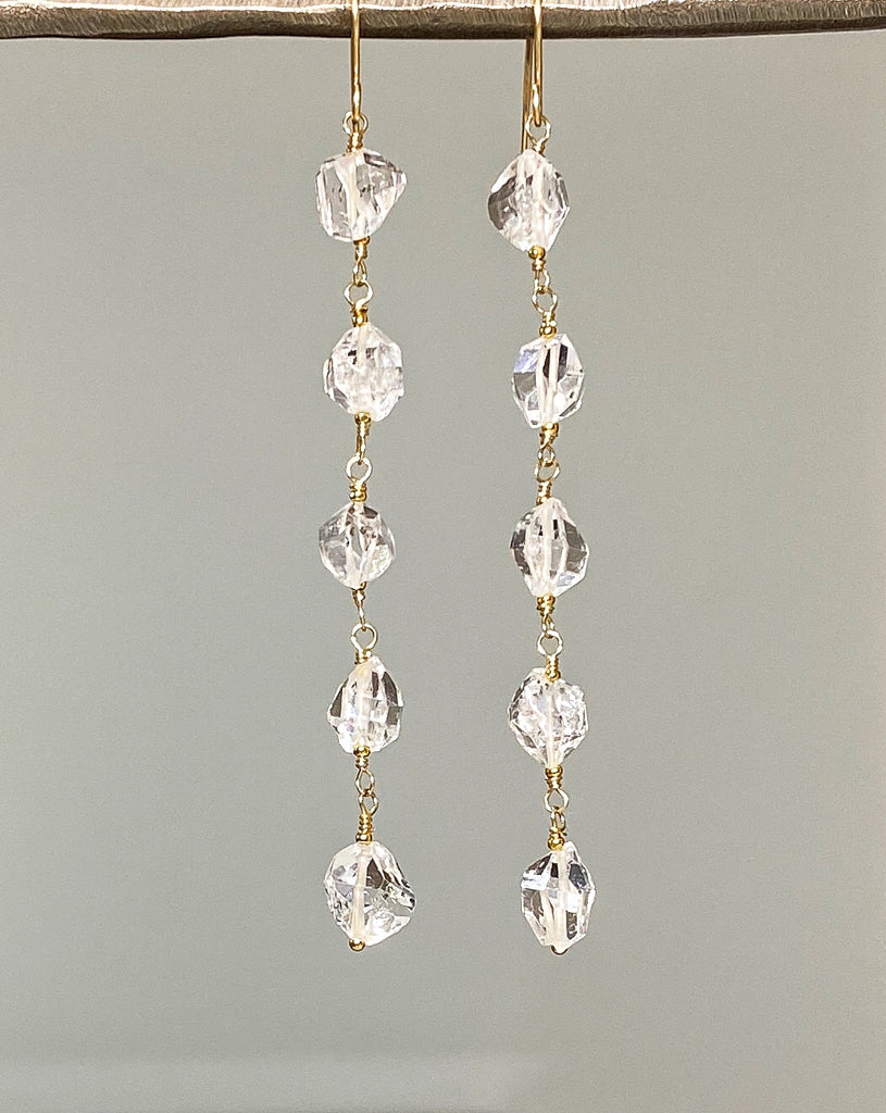 Herkimer Diamond Crystal Quartz Long Gold Fill Dangle Earrings
