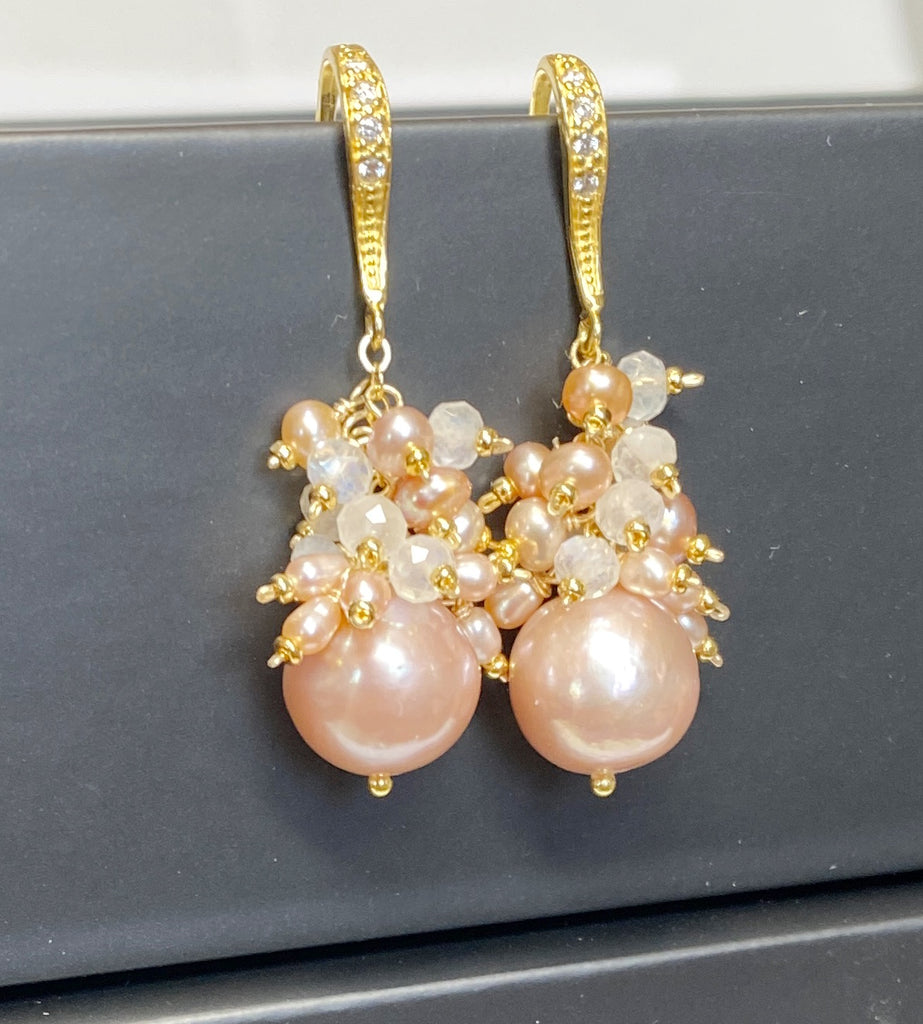 Blush Pink Edison Pearl Cluster Earrings Gold Fill