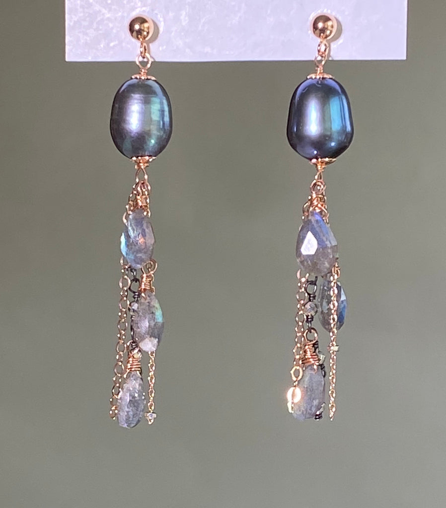 Rose Gold Labradorite and Pearl Dangle Earrings
