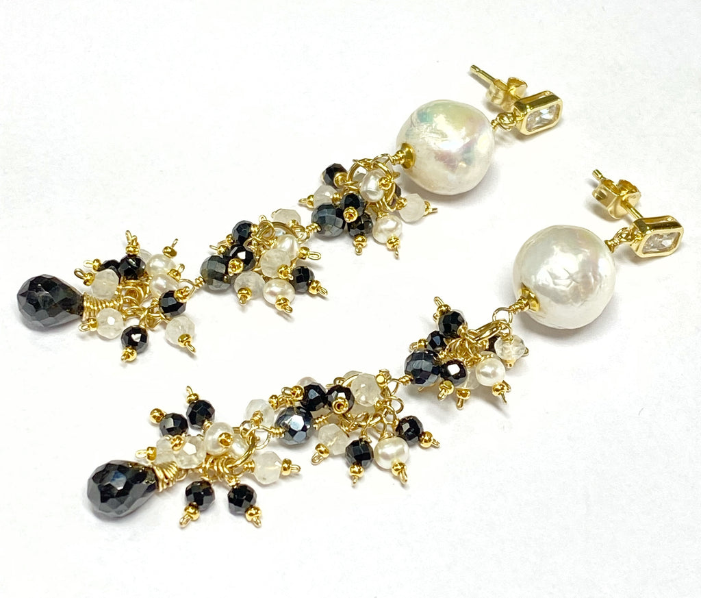 Edison Pearl Long Dangle Earrings with Black Spinel, White Pearl, Moonstone