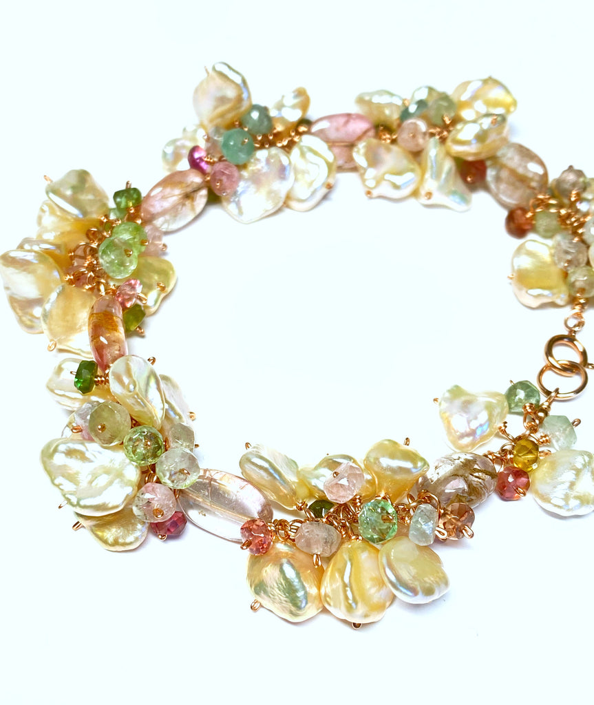 Blush Keishi Pearl Cluster Bracelet with Tourmaline and Rose Gold