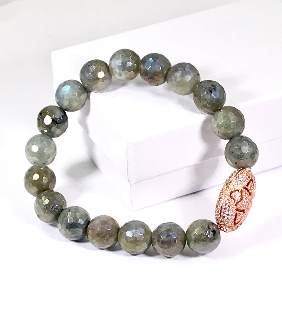 Labradorite and Rose Gold Pave CZ Beaded Stretch Bracelet - doolittlejewelry