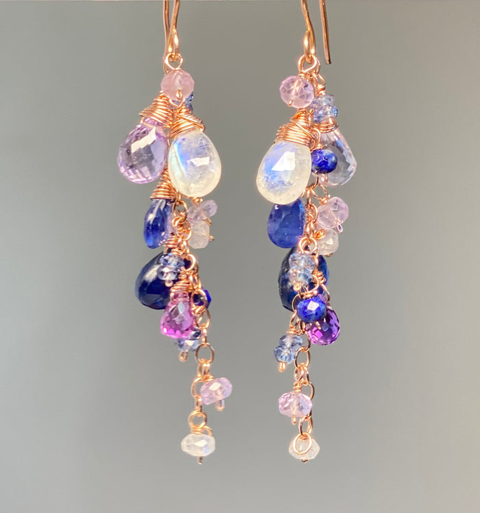 Blue Violet Rose Gold Dangle Earrings - Moonstone, Kyanite, Amethyst, Violet Quartz