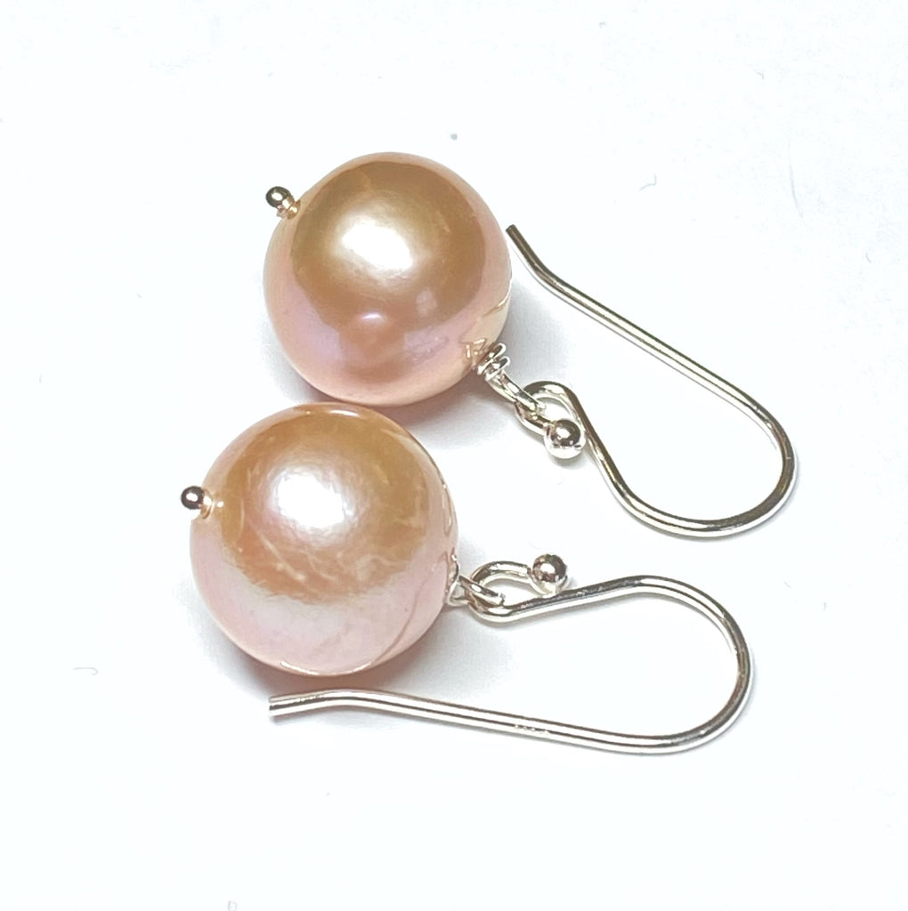 Round Pink Edison Pearl Drop Earrings Sterling Silver