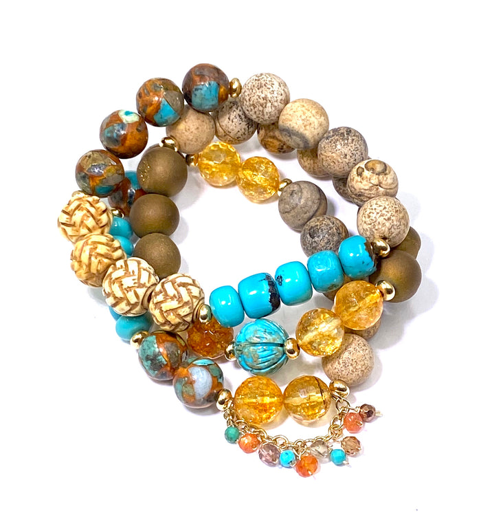 Set of Three Earth Tones Turquoise Stretch Bracelets