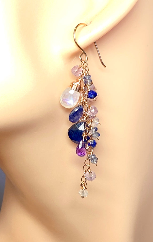 Blue Violet Rose Gold Dangle Earrings - Moonstone, Kyanite, Amethyst, Violet Quartz