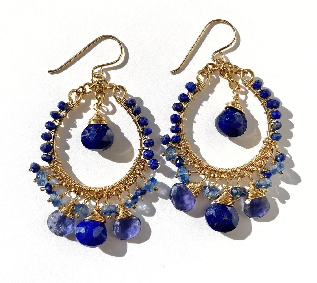 Blue Gemstone Gold Hoop Chandelier Earrings Lapis Kyanite Iolite