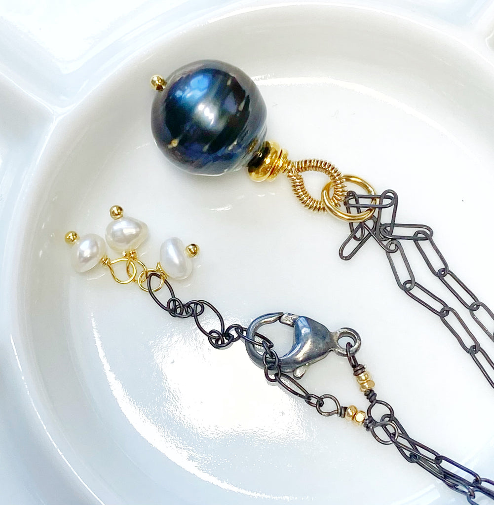 Tahitian Pearl Pendant, Paper Clip Chain, Mixed Metals, Pearl Dangles
