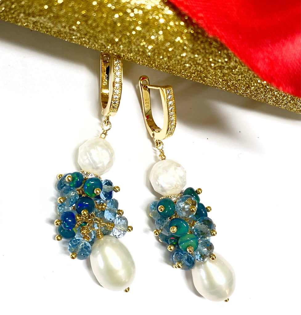 Pearl and London Blue Topaz and Opal Cluster Earrings - doolittlejewelry