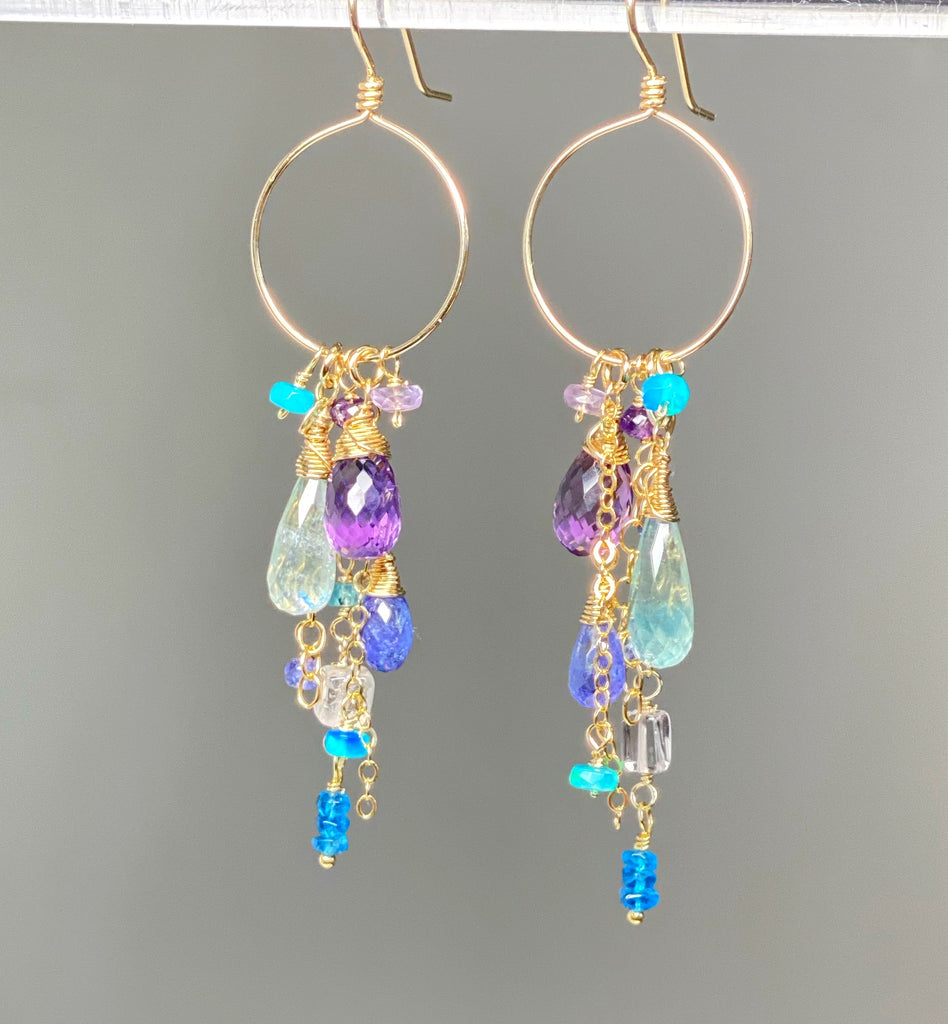 Amethyst Aquamarine Tanzanite Gold Dangle Gold Fill Hoop Earrings