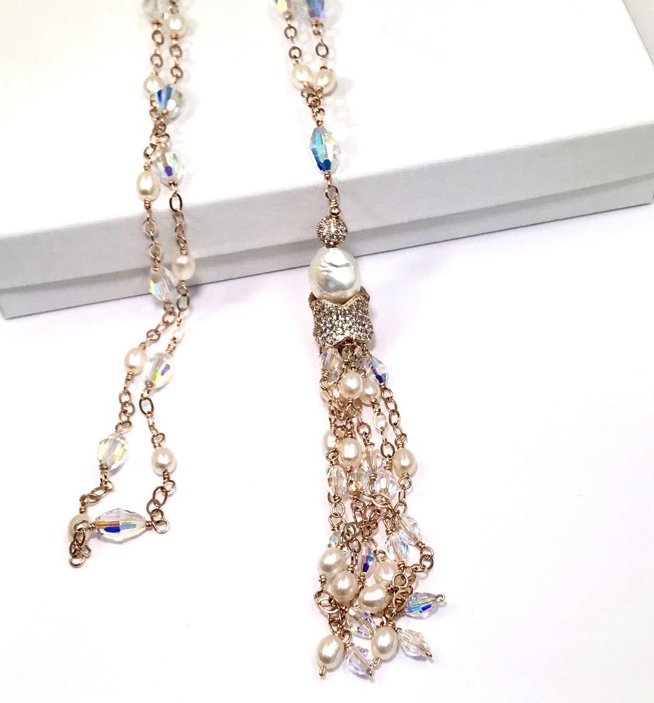 Rose Gold, Pearl and Swarovski Crystal Tassel Necklace - doolittlejewelry