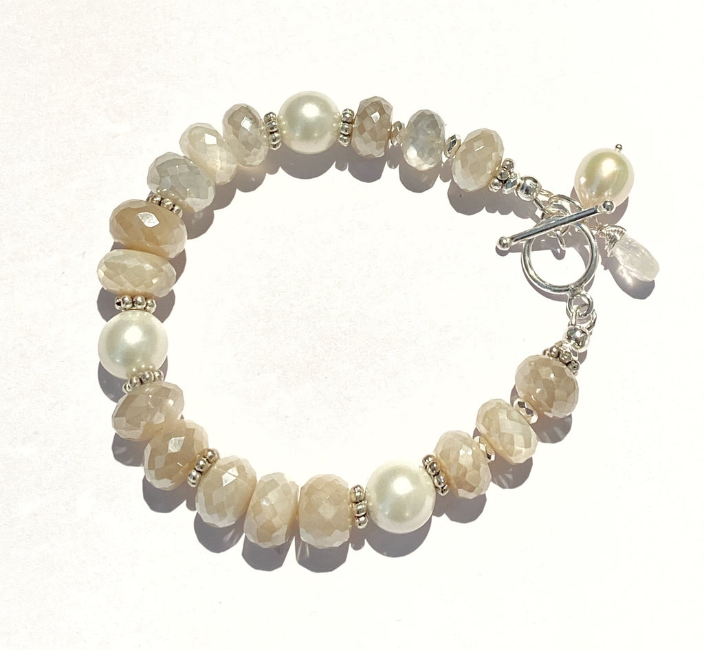 Mystic Moonstone, Pearl and Sterling Silver Layering Bracelet