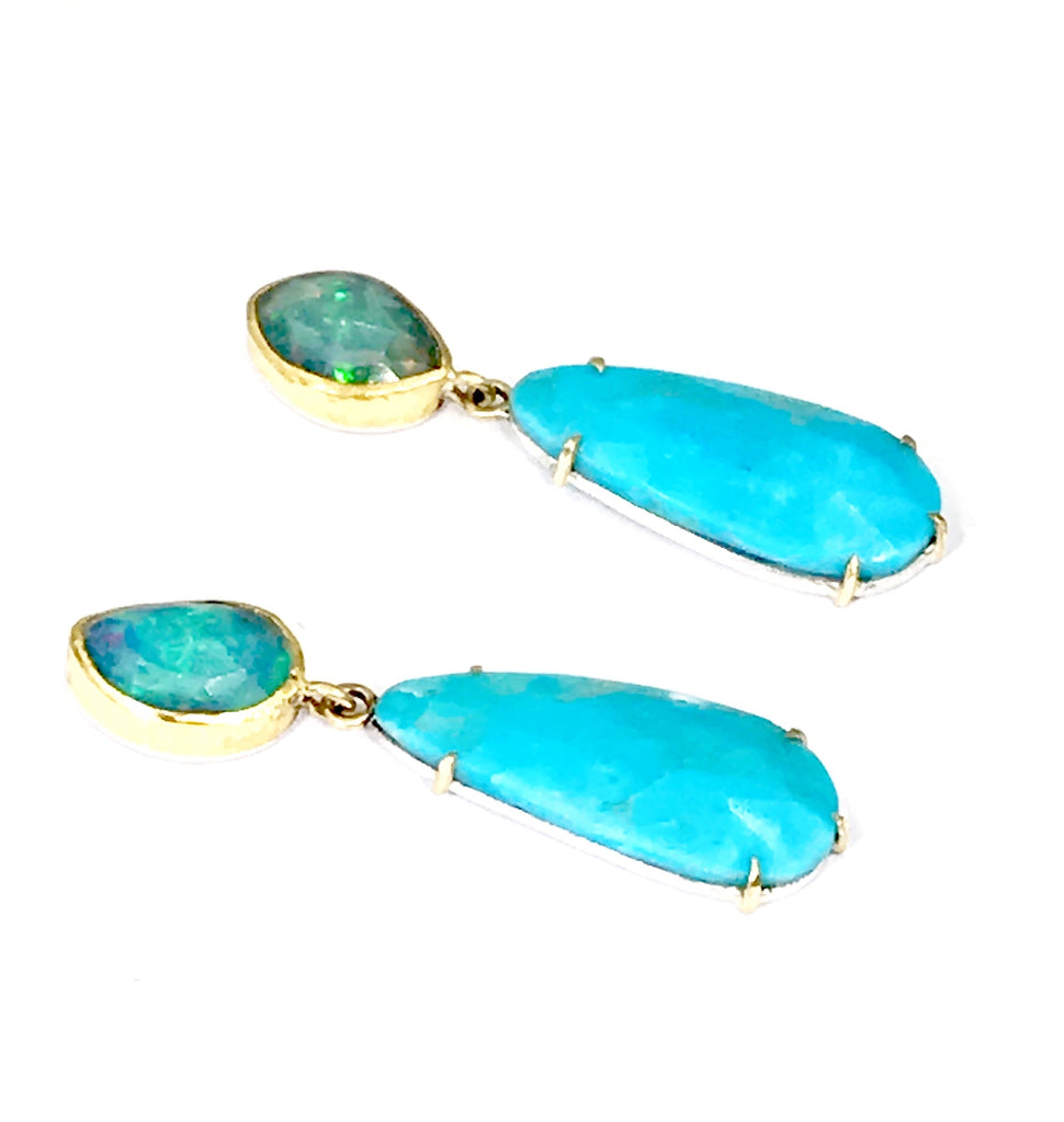 Opal and Sleeping Beauty Turquoise Dangle Earrings Gold Prong Set