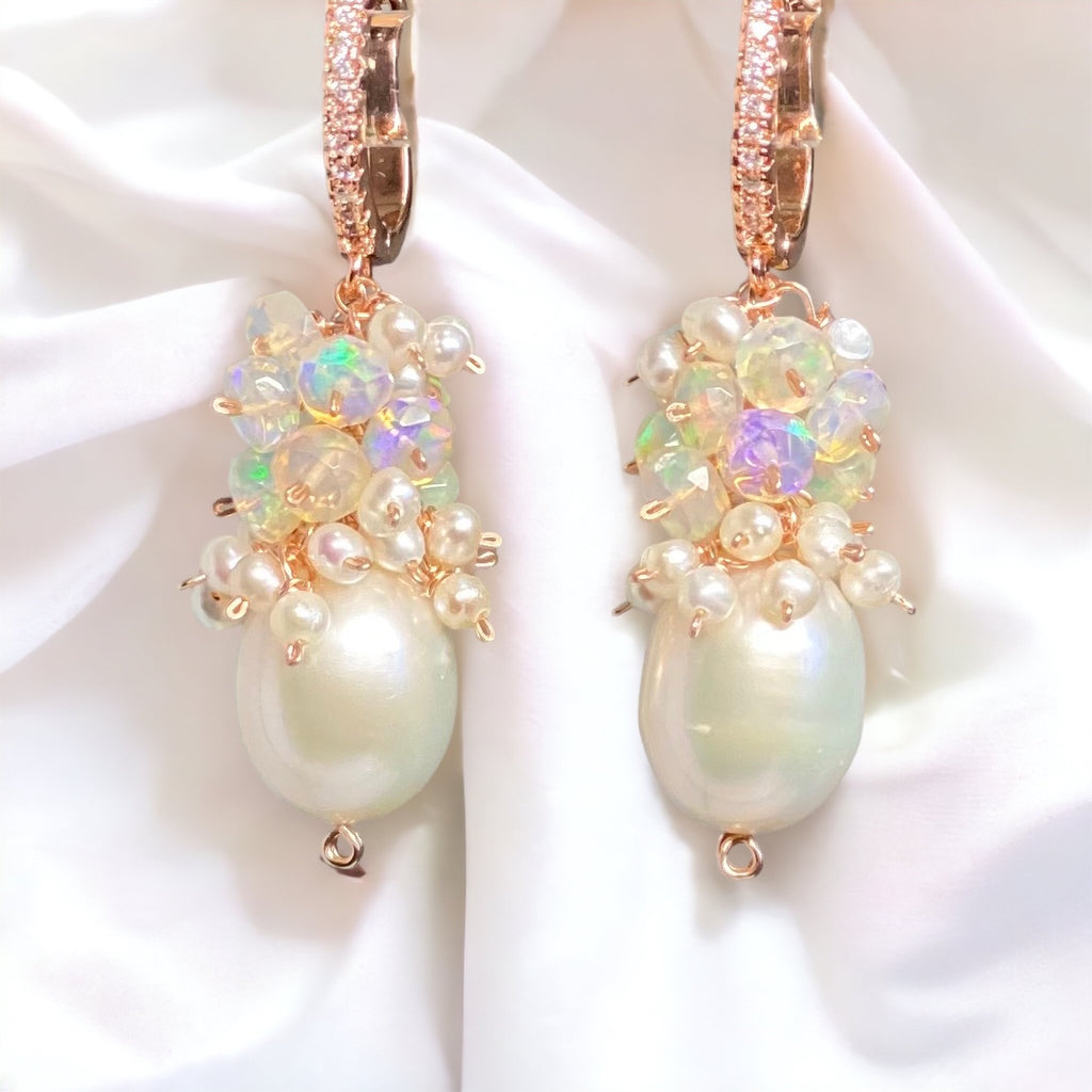 Statement pearl cluster earrings in rose gold with opal clusters