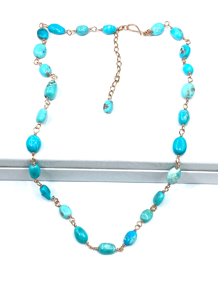 Sleeping Beauty Turquoise Necklace Rose Gold Rosary Style Wire Wrapped - doolittlejewelry