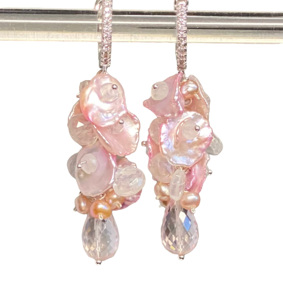 Pink Rose Quartz, Moonstone, Keishi Pearl Cluster Earrings, Silver