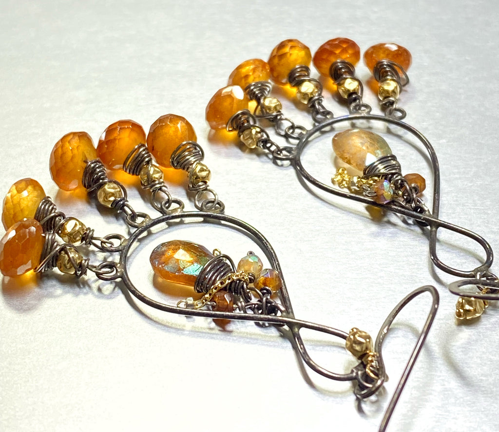 hessonite garnet chandelier earrings oxidized silver