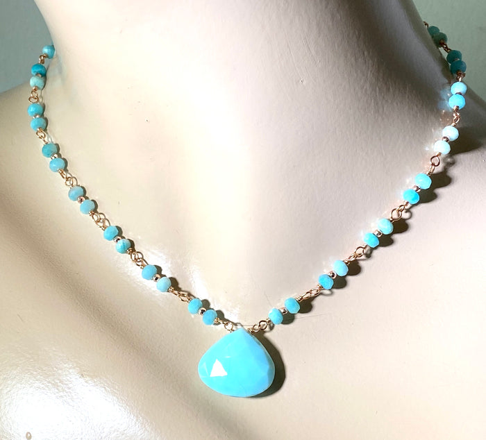 Blue Peruvian Opal, Amazonite, Rose Gold Wire Wrapped Pendant Necklace - doolittlejewelry
