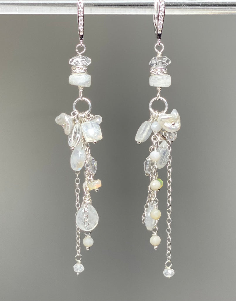 Rainbow Moonstone Long Boho Earrings Crystal Quartz Sterling Silver
