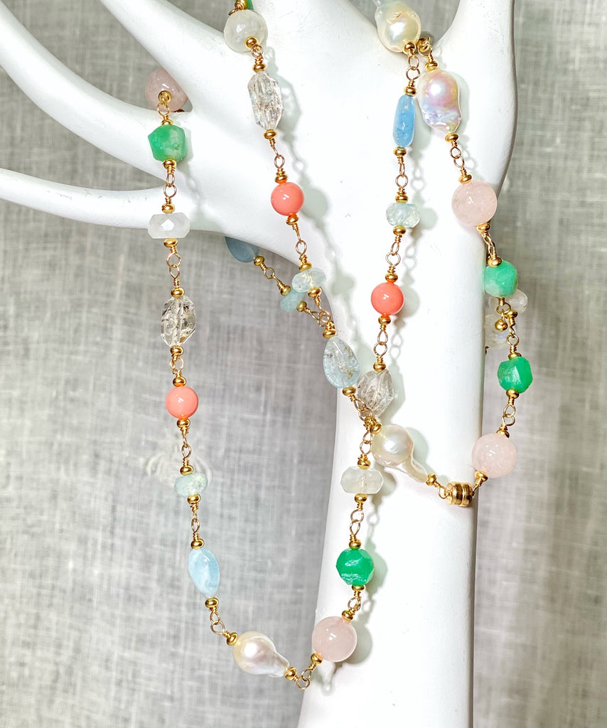 Multi Gemstone Pastel Long Necklace with Herkimer Diamond Aquamarine Gold