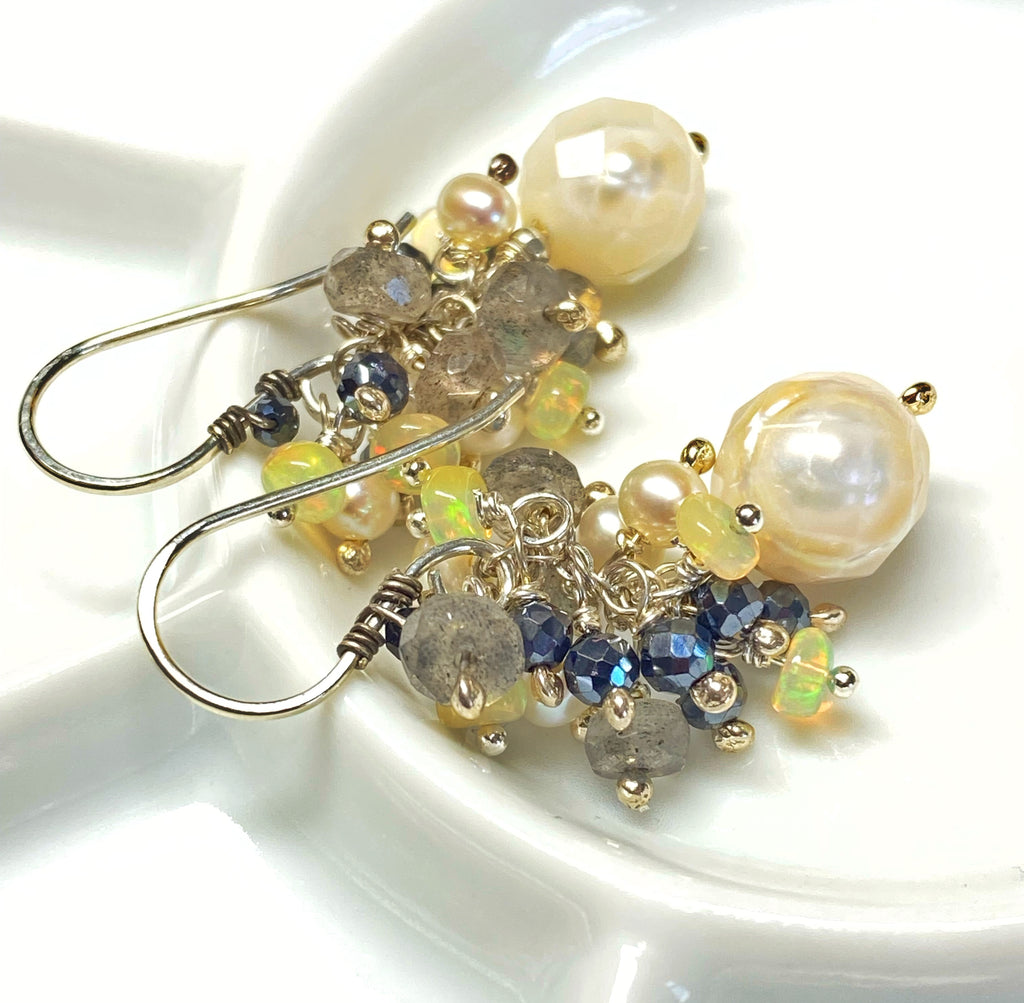 Petite Laser Pearl Cluster Earrings, Black, White, Labradorite, Opals