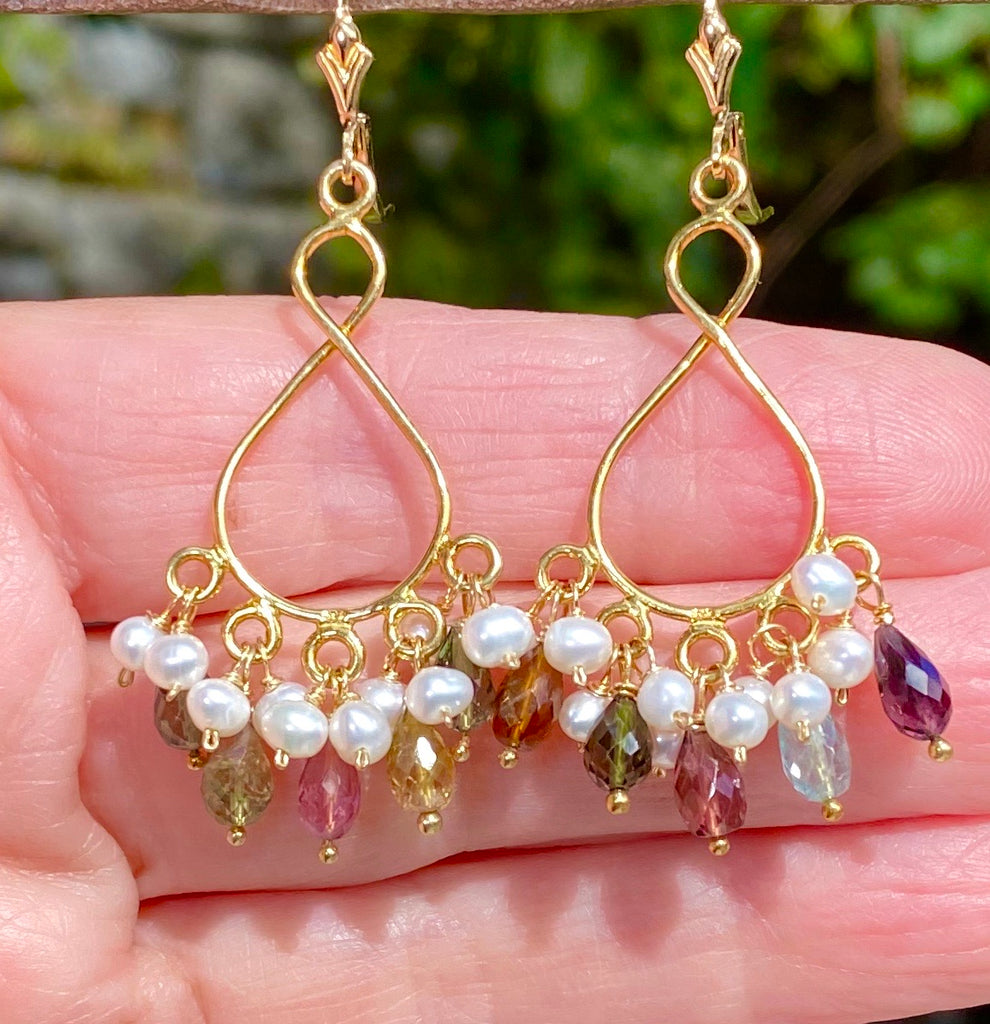 Tourmaline and Pearl Gold Chandelier Earrings