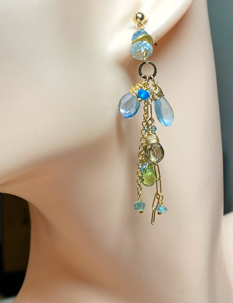 Aquamarine and Gemstone Dangle Long Earrings