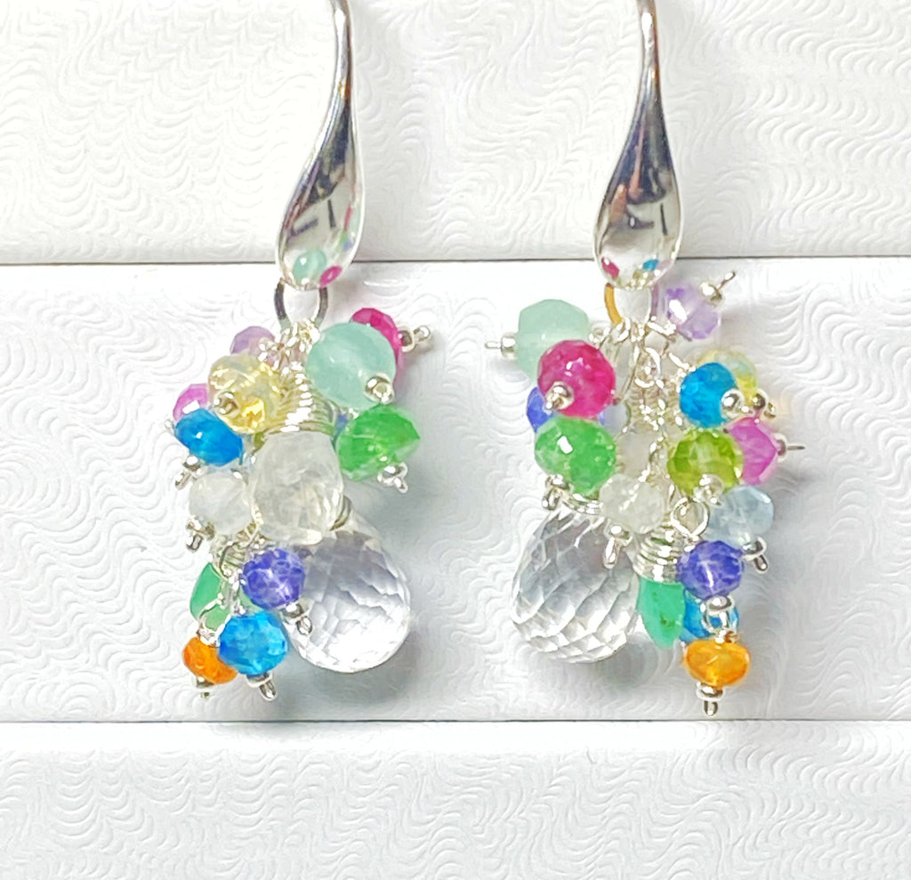Crystal Quartz Dangle Earrings with Multi Gemstone Cluster Sterling Silver 4