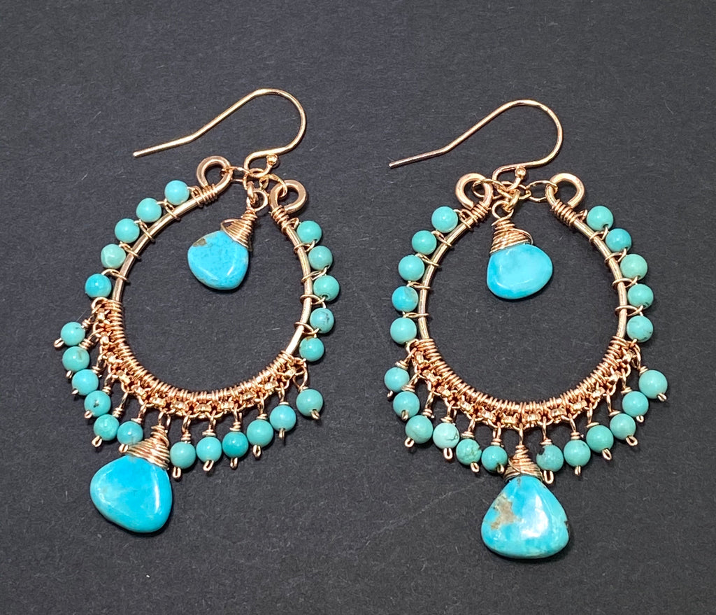 Turquoise Gemstone Rose Gold Hoop Earrings Kingman Mine - doolittlejewelry