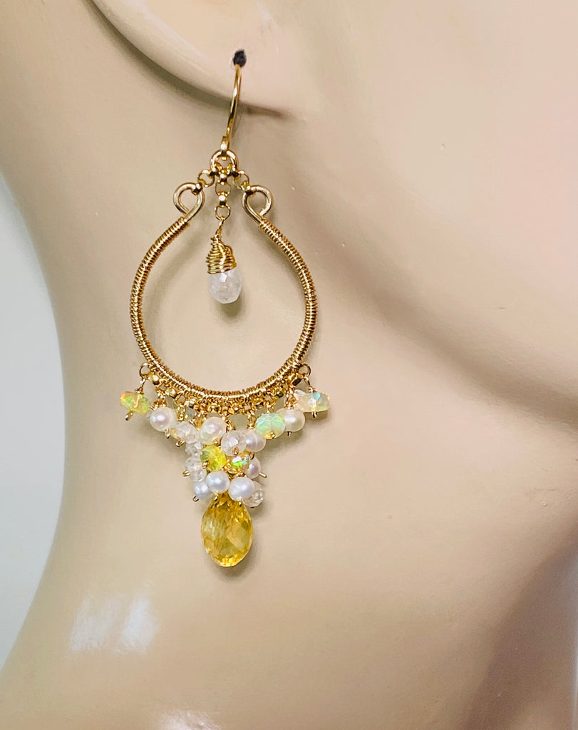 Citrine Gold Fill Hoops with Opal Pearl Moonstone Clusters - doolittlejewelry