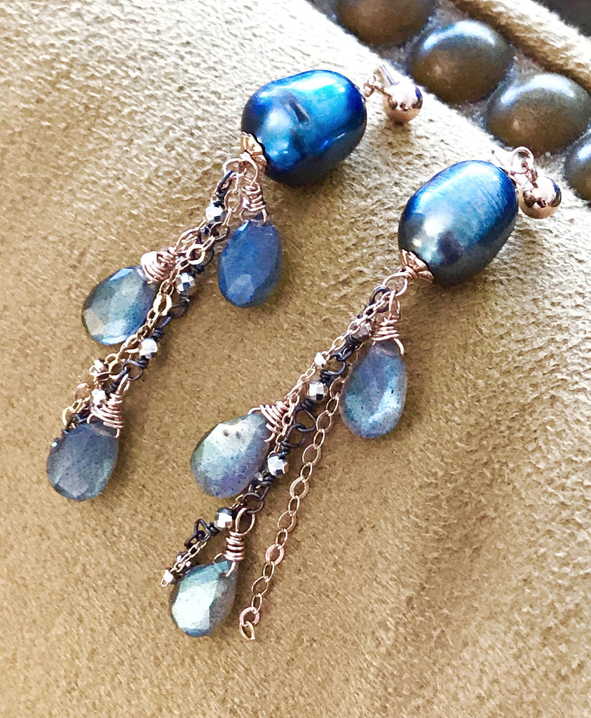 Rose Gold Labradorite and Pearl Dangle Earrings