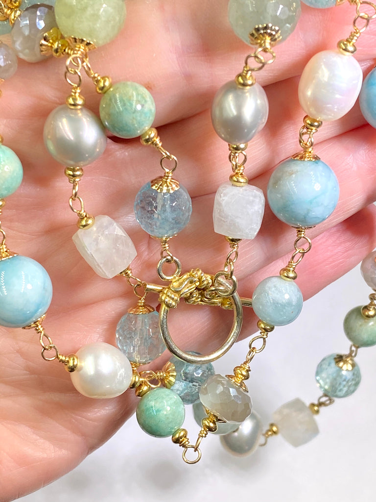 Aquamarine Pearl Long Wire Wrap Necklace Gold Moonstone - doolittlejewelry
