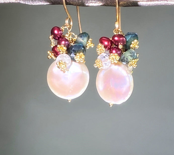 Coin Pearl & Green Moonstone Red Pearl Cluster Earrings