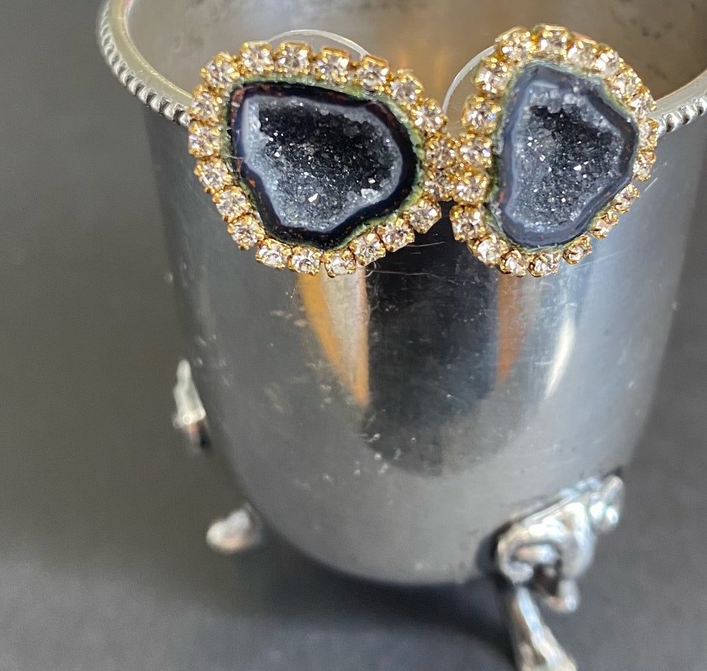 Black Geode Druzy Stud Earrings Diamond Look