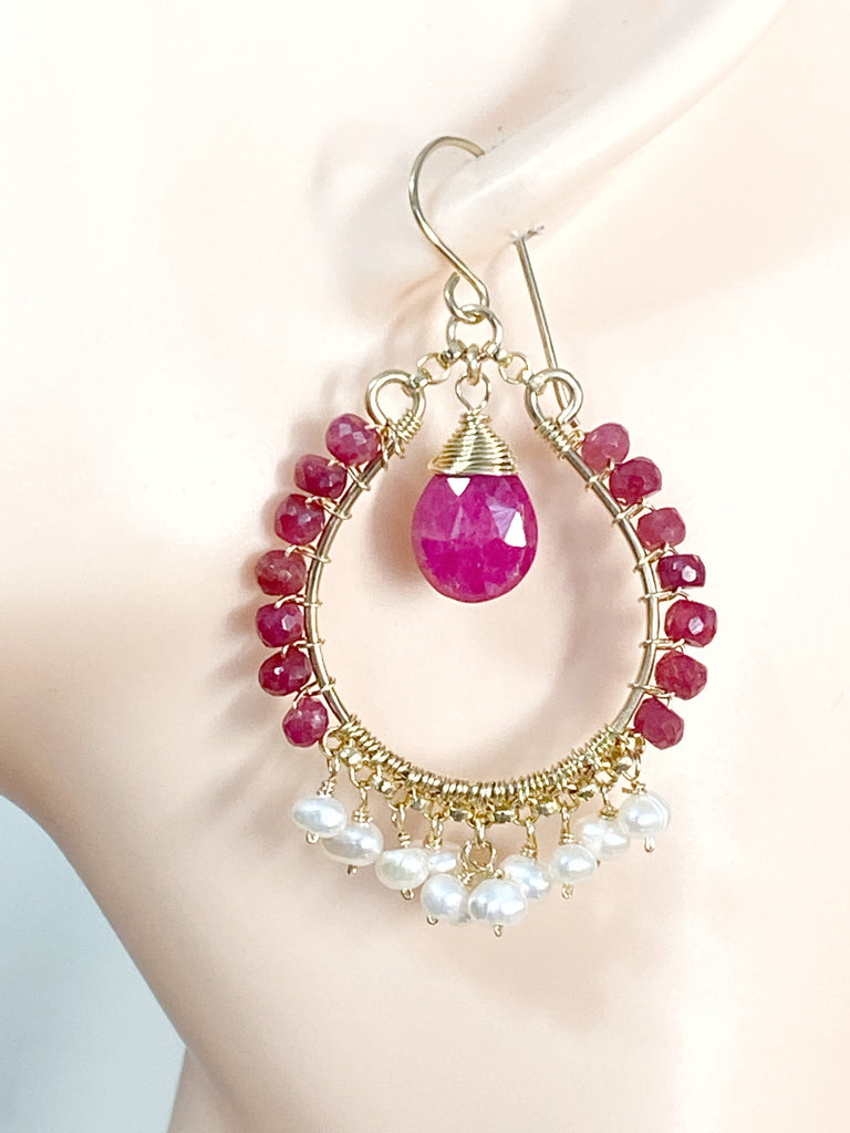 Red Ruby and Pearl Gold Hoop Statement Earrings
