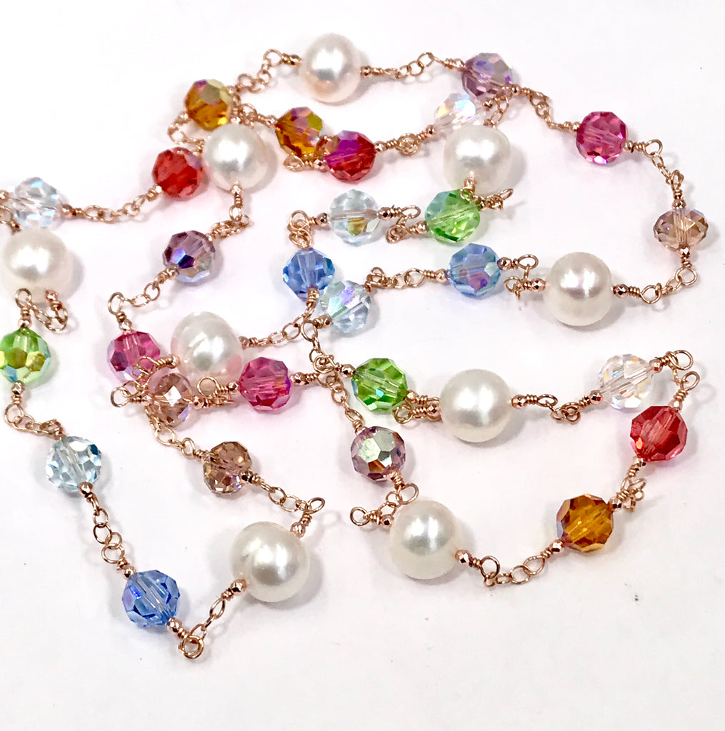 Rose Gold Pearl Swarovski Crystal Long Sautoir Necklace Rosary Style - doolittlejewelry