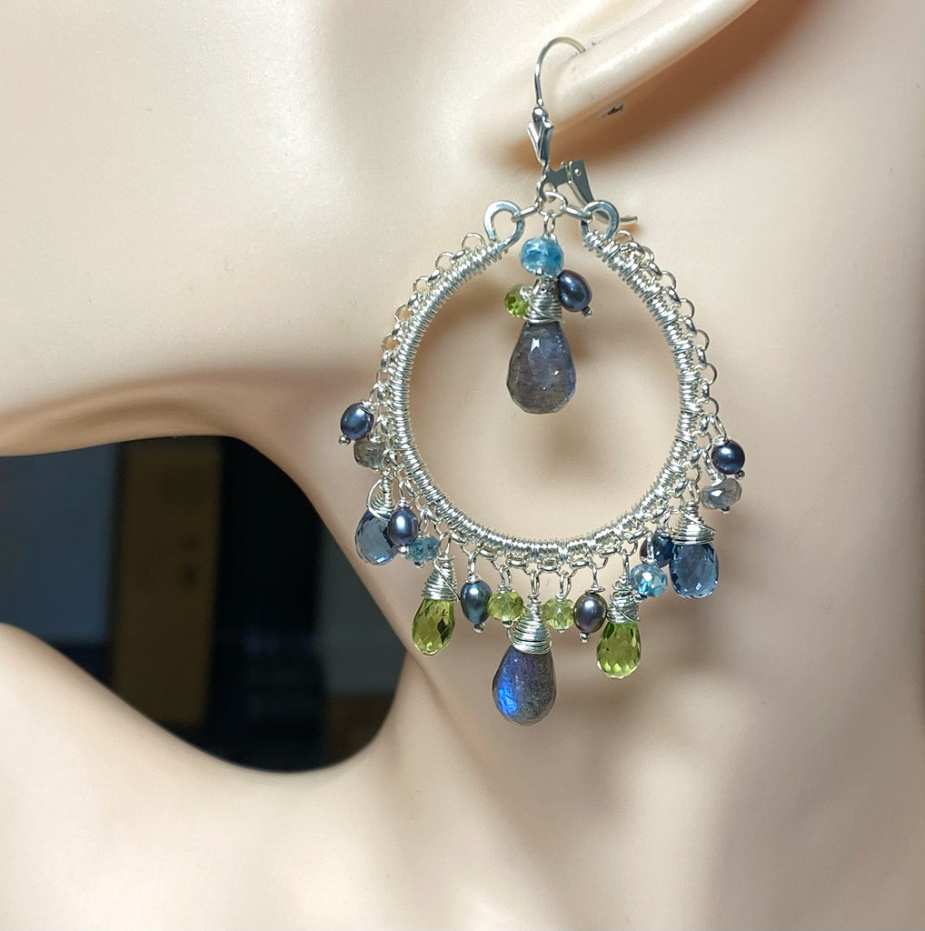 London Blue Topaz Labradorite Gemstone Hoop Earring Sterling Silver