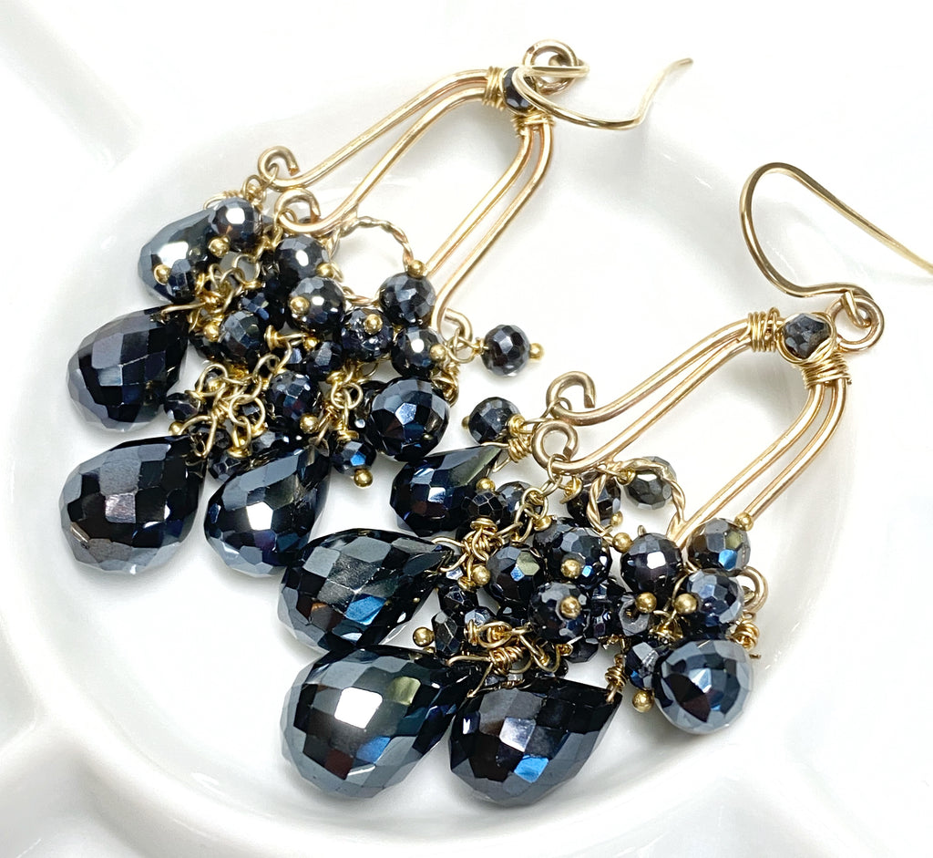 Gemstone Black Spinel Gold Fill Handmade Chandelier Earrings