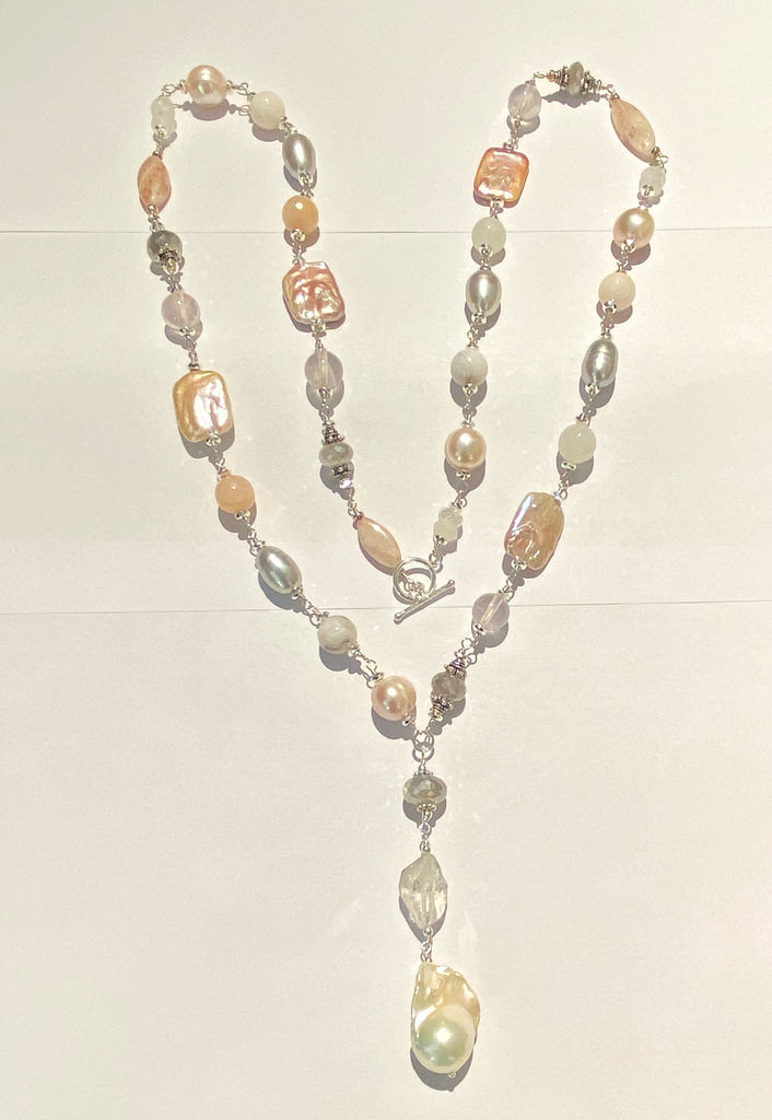 Long Silver Gemstone Pearl Necklace Blush Pink & Grey Toggle Clasp
