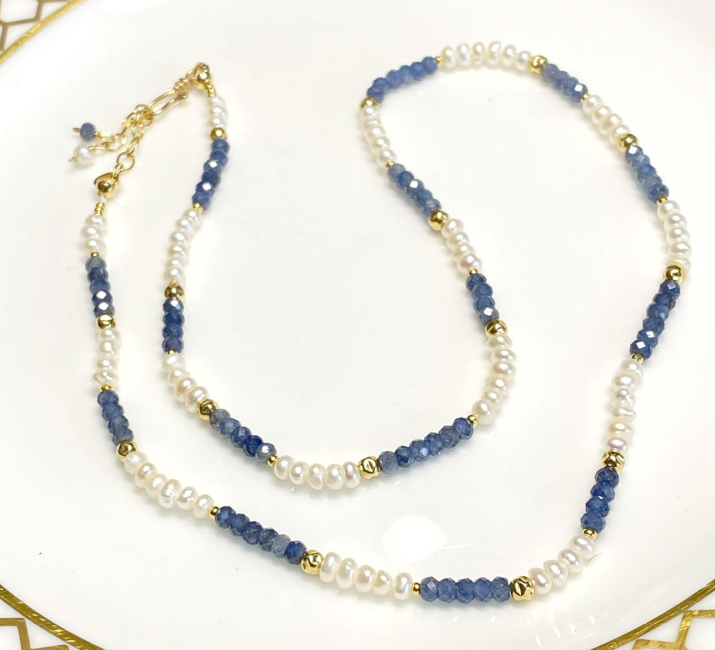 Blue Sapphire and Pearl Dainty Necklace